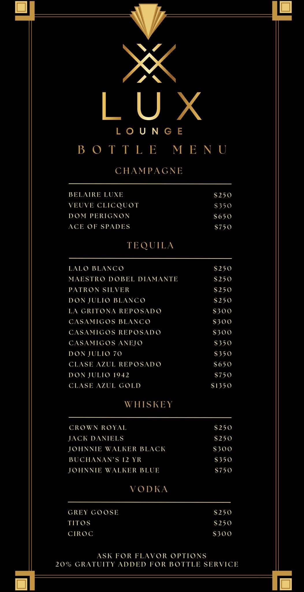 Lux Lounge bottle service menu