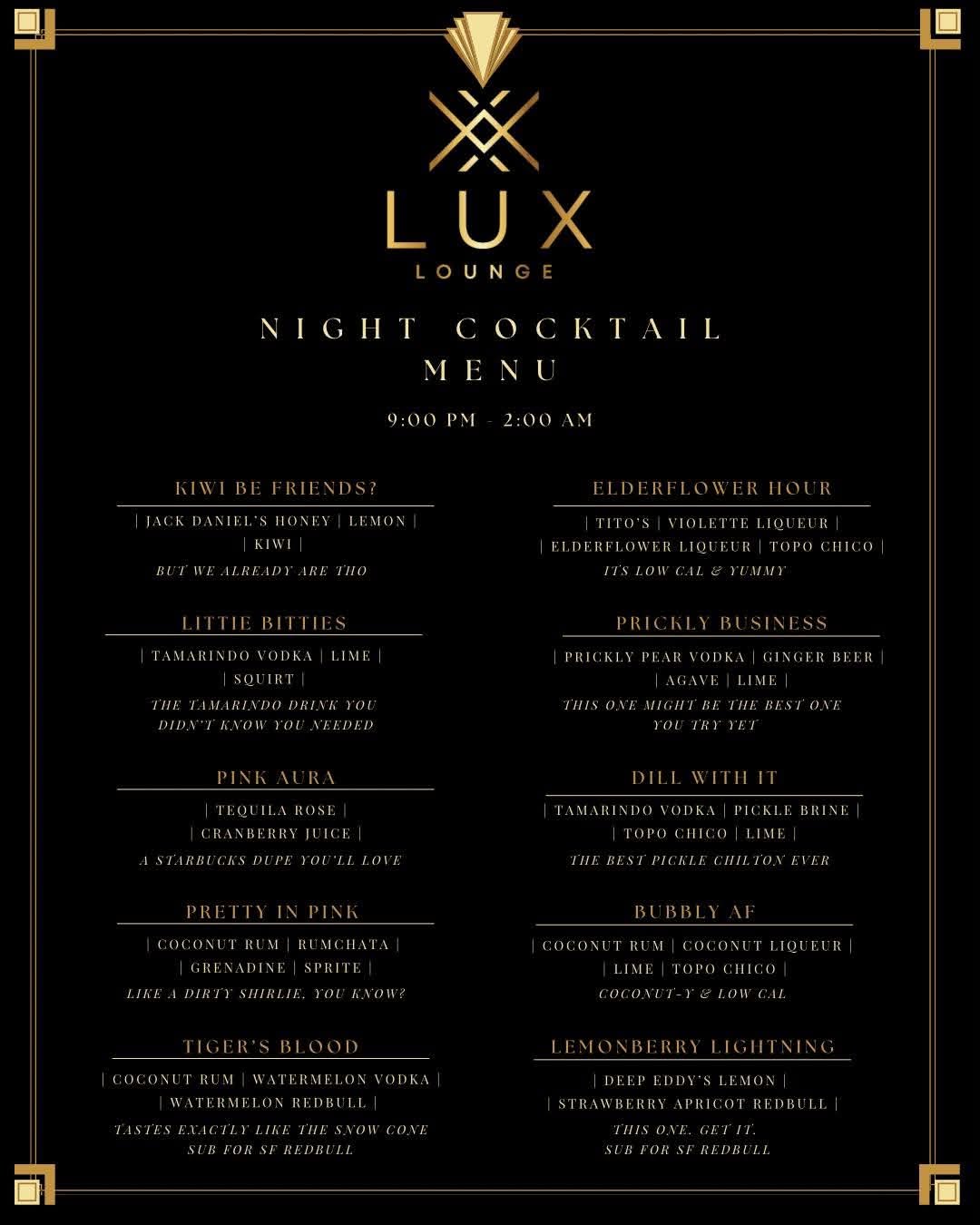 Lux Lounge night cocktail menu
