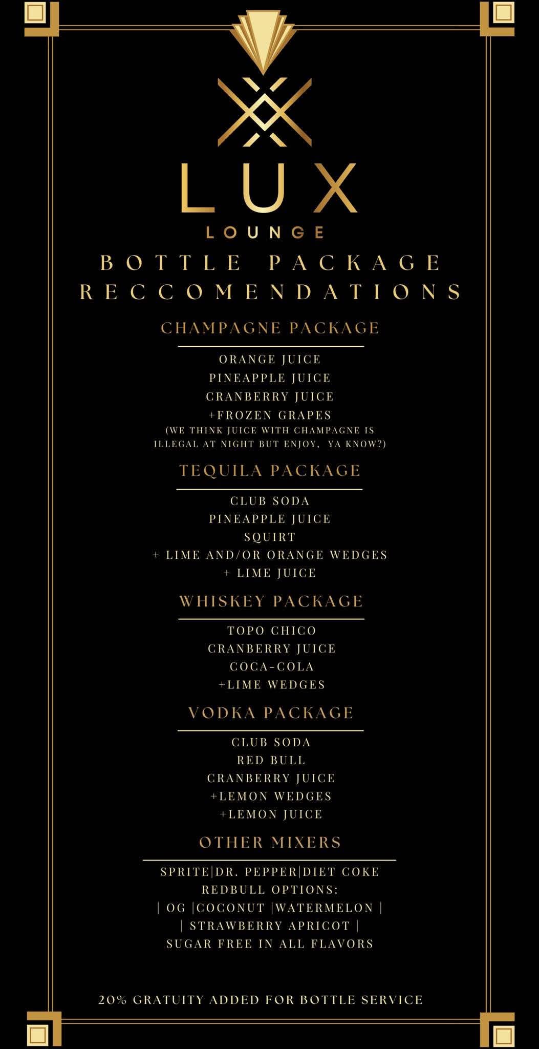 Lux Lounge bottle package recommendations
